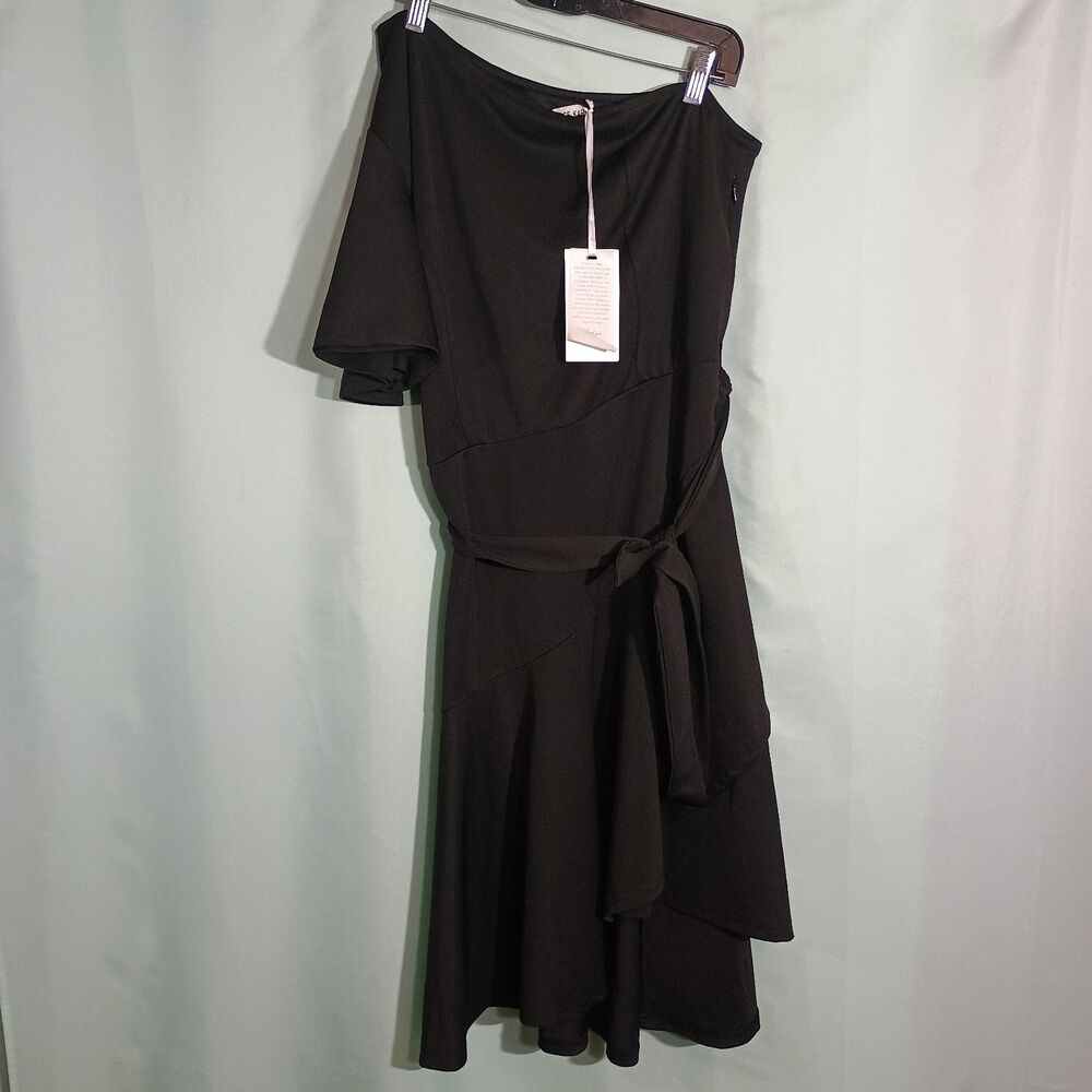 Womens Black One Shoulder Dress Asymmetrical Tie Waist Ruffle Hem Cocktail Dress
